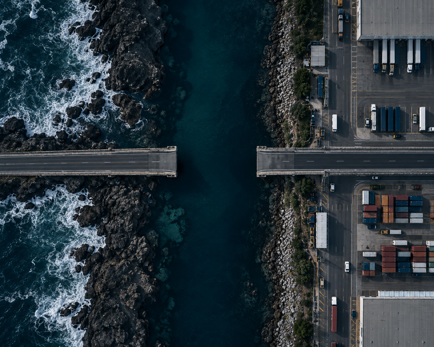 Broken bridge gap between coastline and industrial port